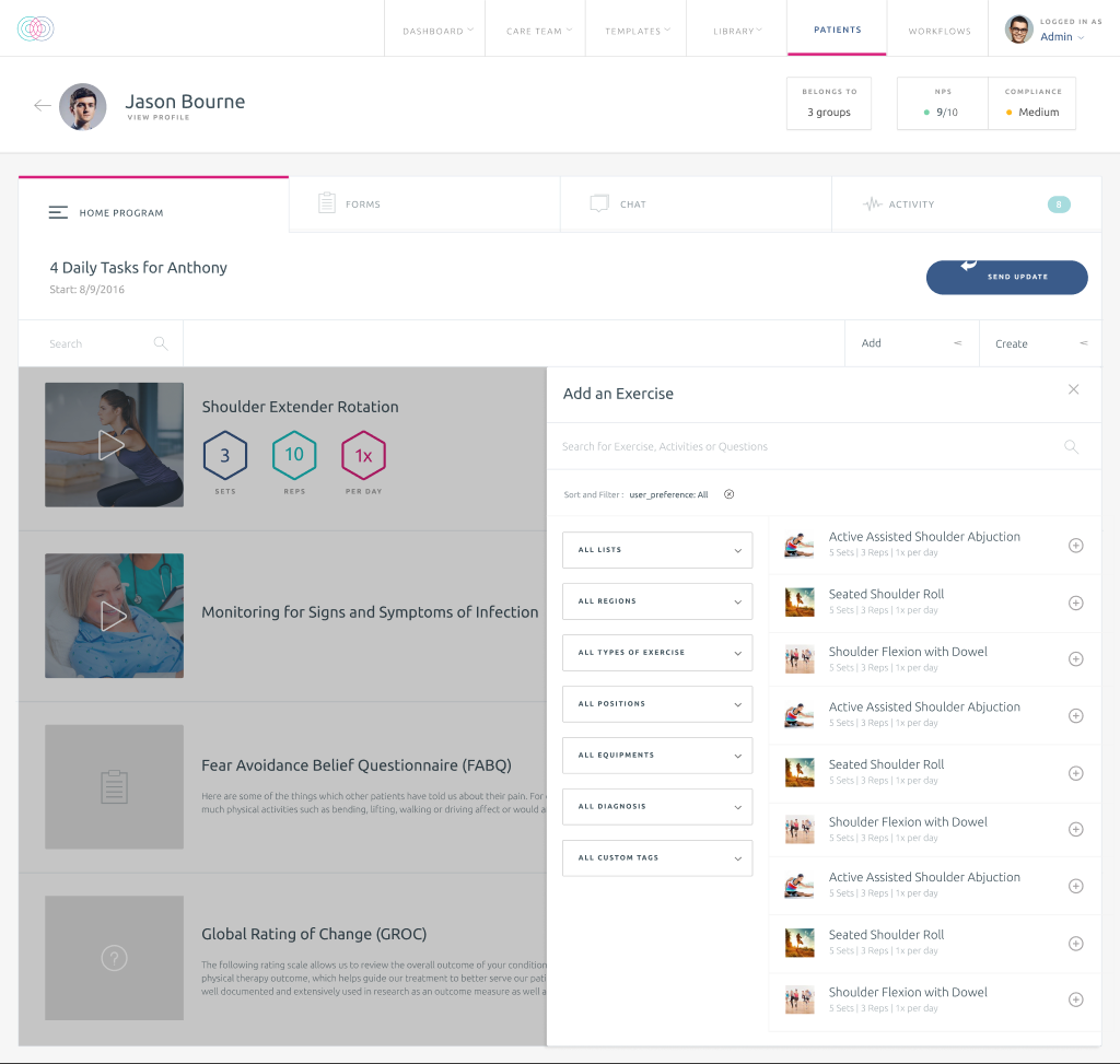 Keet Health — Patient Care Plan with Add Exercise modal